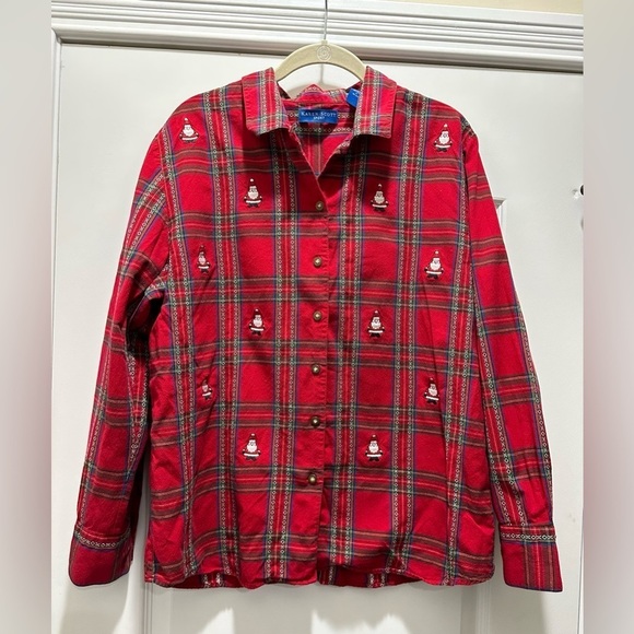Vintage Karen Scott Embroidered Santa On Plaid Red Button Down Top Size Large - Picture 1 of 9